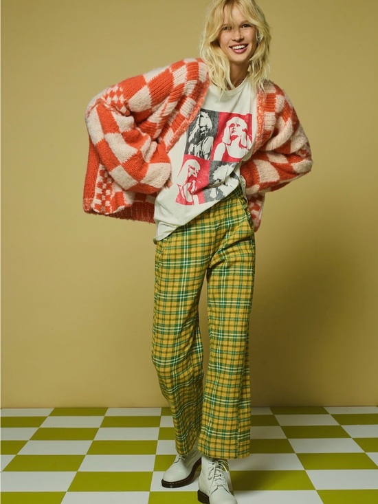 Free People Pants - Free People Shape Up Plaid Trousers Yellow & Green Wide-Leg Pants
